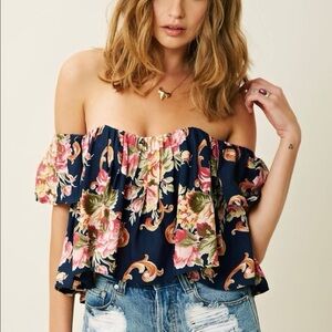 New Stone Cold Fox Silk Floral Holy Tube Navy Off Shoulder Flower Shirt